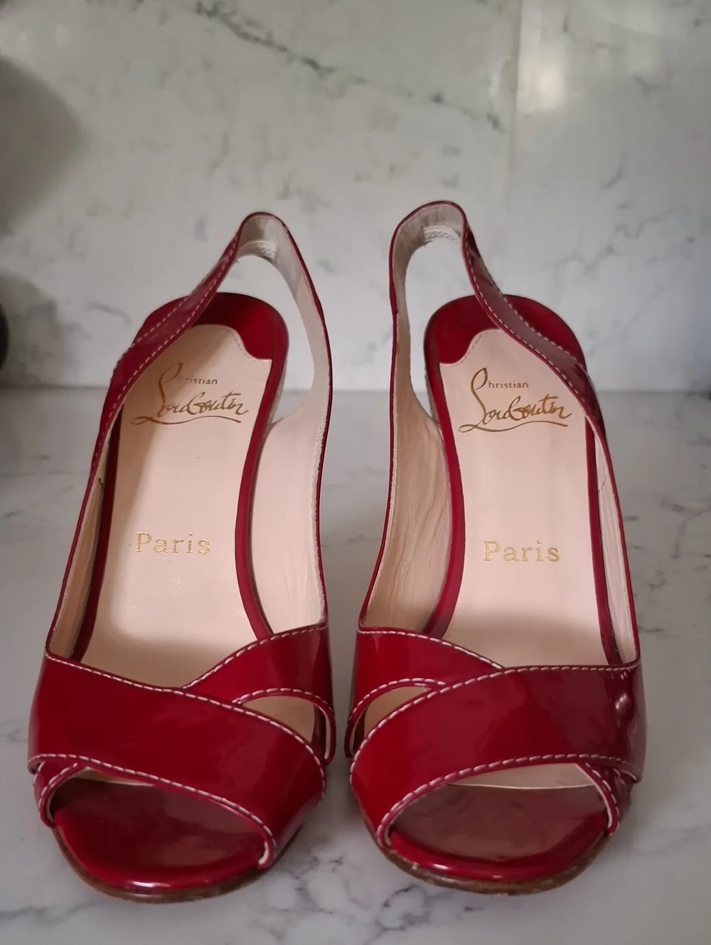 Christian Louboutin Red Patent Leather Wedge Slingback Sandals